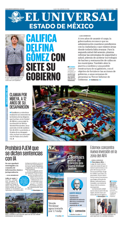 Estado de México - 14 de septiembre de 2026. Portada del día: CALIFICA DELFINA GÓMEZ CON SIETE SU GOBIERNO , Prohibirá PJEM que se dicten sentencias con IA, Edomex concentra nueva inversión en la zona del AIFA.