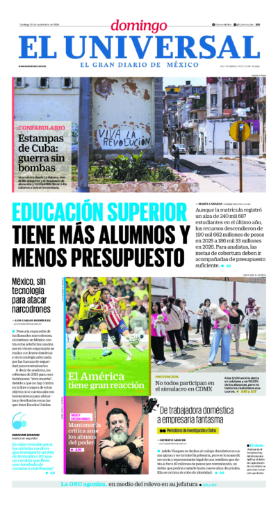 Portada del periódico El Universal correspondiente al 20 de septiembre de 2026.