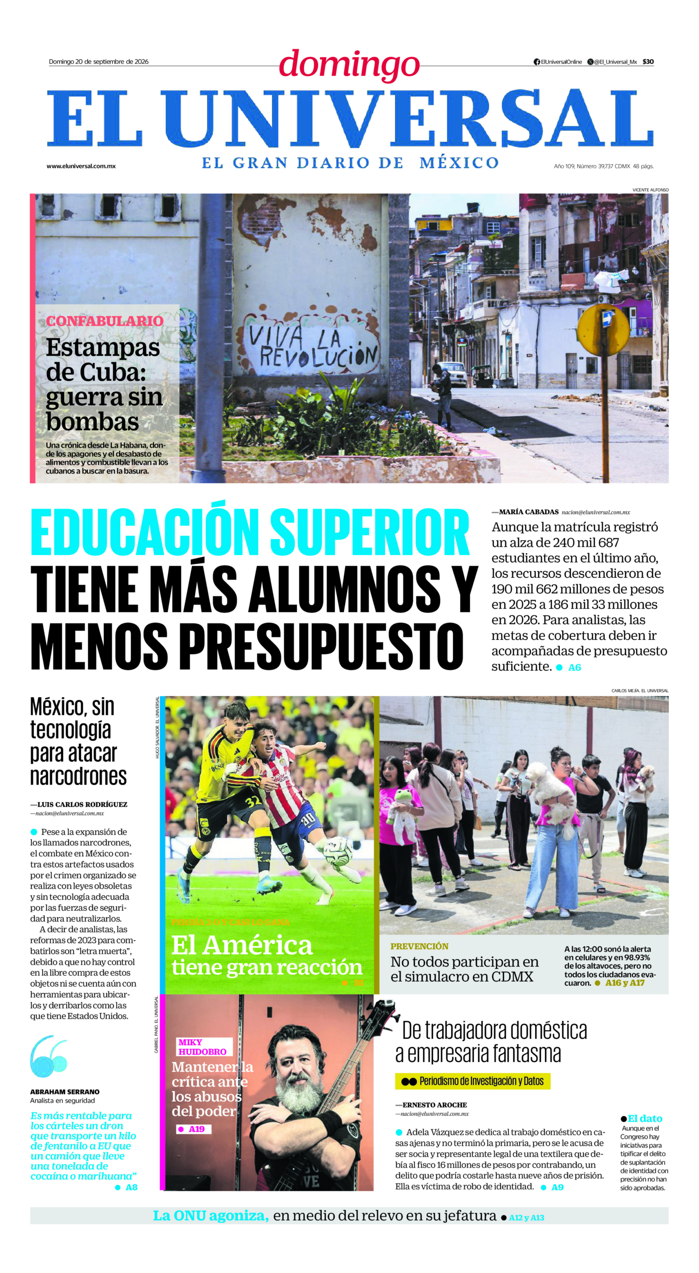 Portada del periódico El Universal correspondiente al 20 de septiembre de 2026.