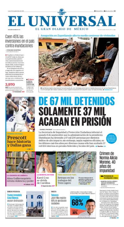 Portada del periódico El Universal correspondiente al 21 de septiembre de 2026.