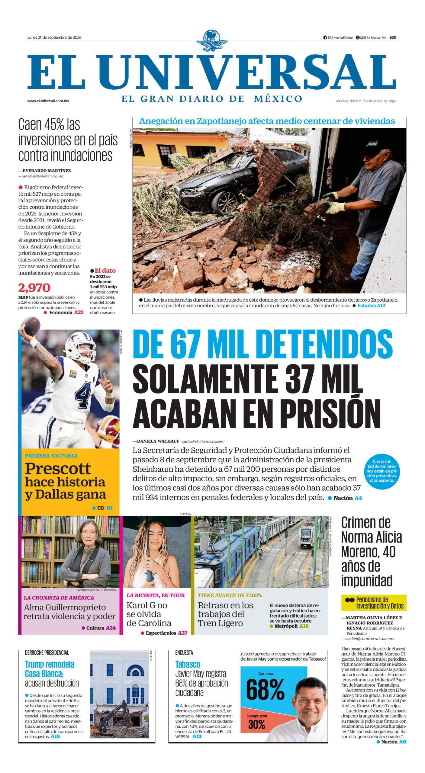 Portada del periódico El Universal correspondiente al 21 de septiembre de 2026.