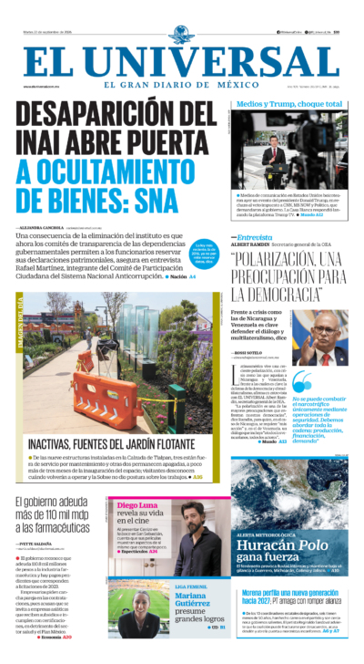 Portada del periódico El Universal correspondiente al 22 de septiembre de 2026.