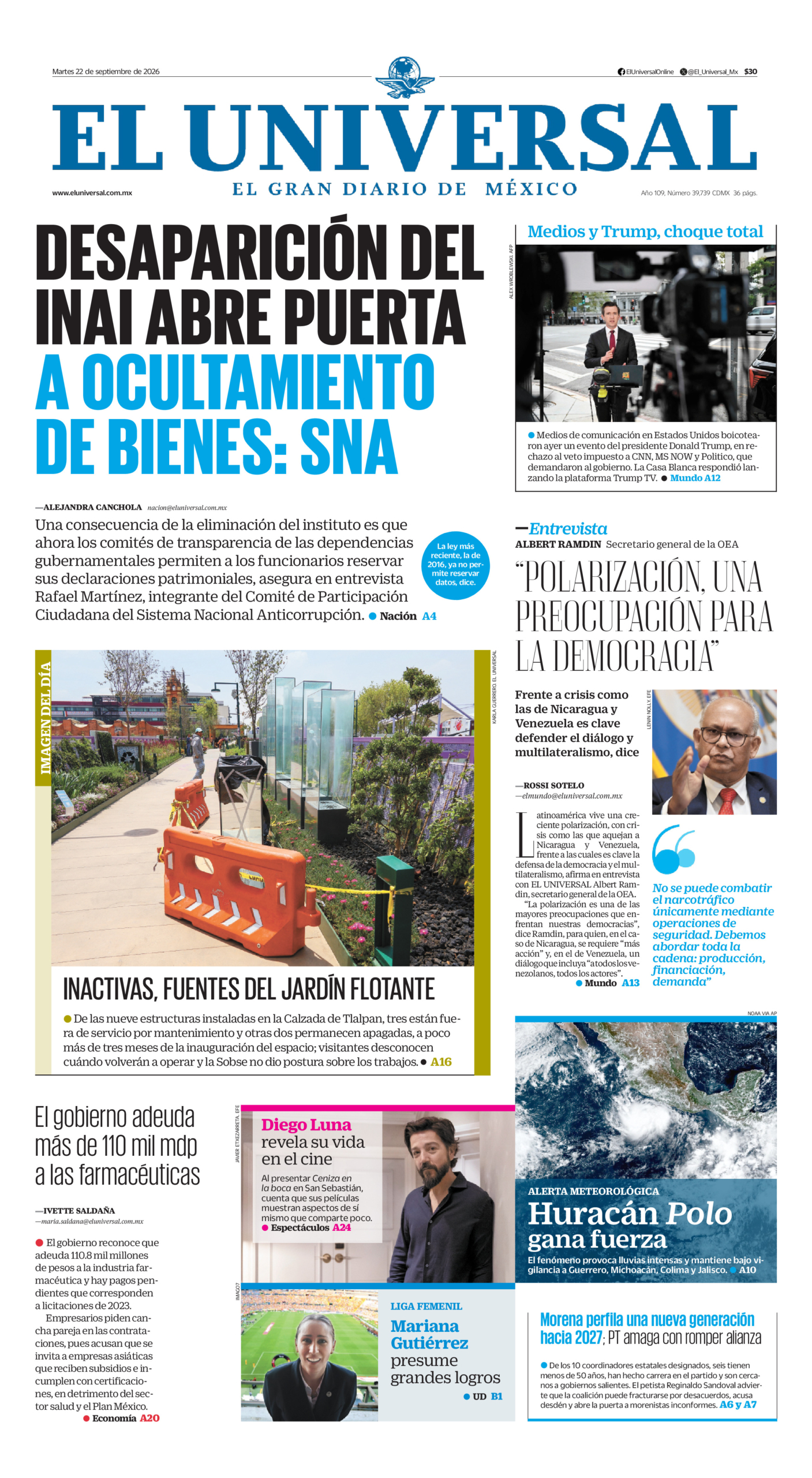 Portada del periódico El Universal correspondiente al 22 de septiembre de 2026.
