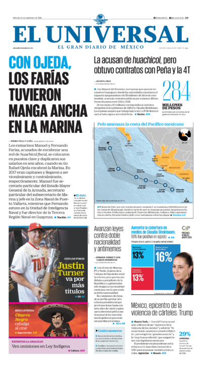 Portada del periódico El Universal correspondiente al 23 de septiembre de 2026.