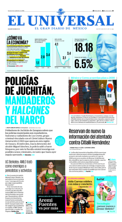 Portada del periódico El Universal correspondiente al 25 de septiembre de 2026.