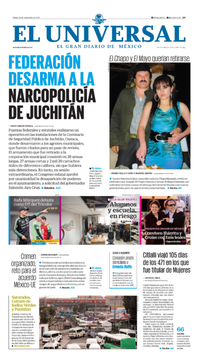 Portada del periódico El Universal correspondiente al 26 de septiembre de 2026.