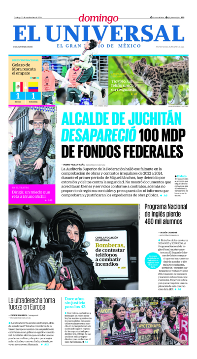 Portada del periódico El Universal correspondiente al 27 de septiembre de 2026.