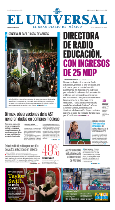 Portada del periódico El Universal correspondiente al 28 de septiembre de 2026.