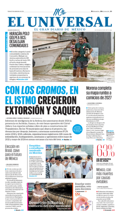 Portada del periódico El Universal correspondiente al 29 de septiembre de 2026.