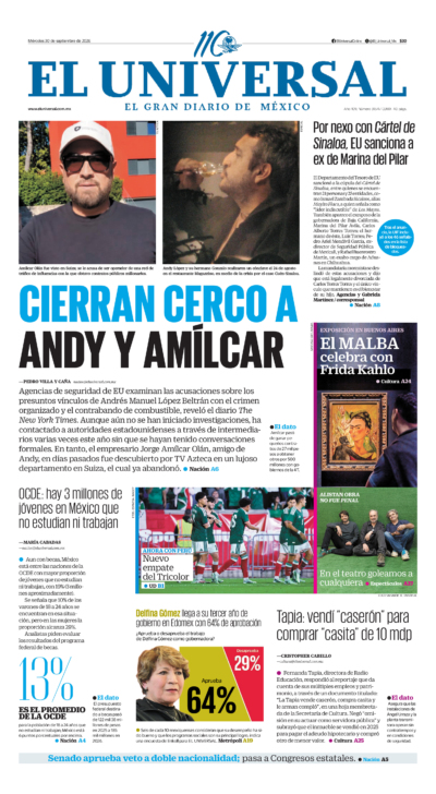 Portada del periódico El Universal correspondiente al 30 de septiembre de 2026.
