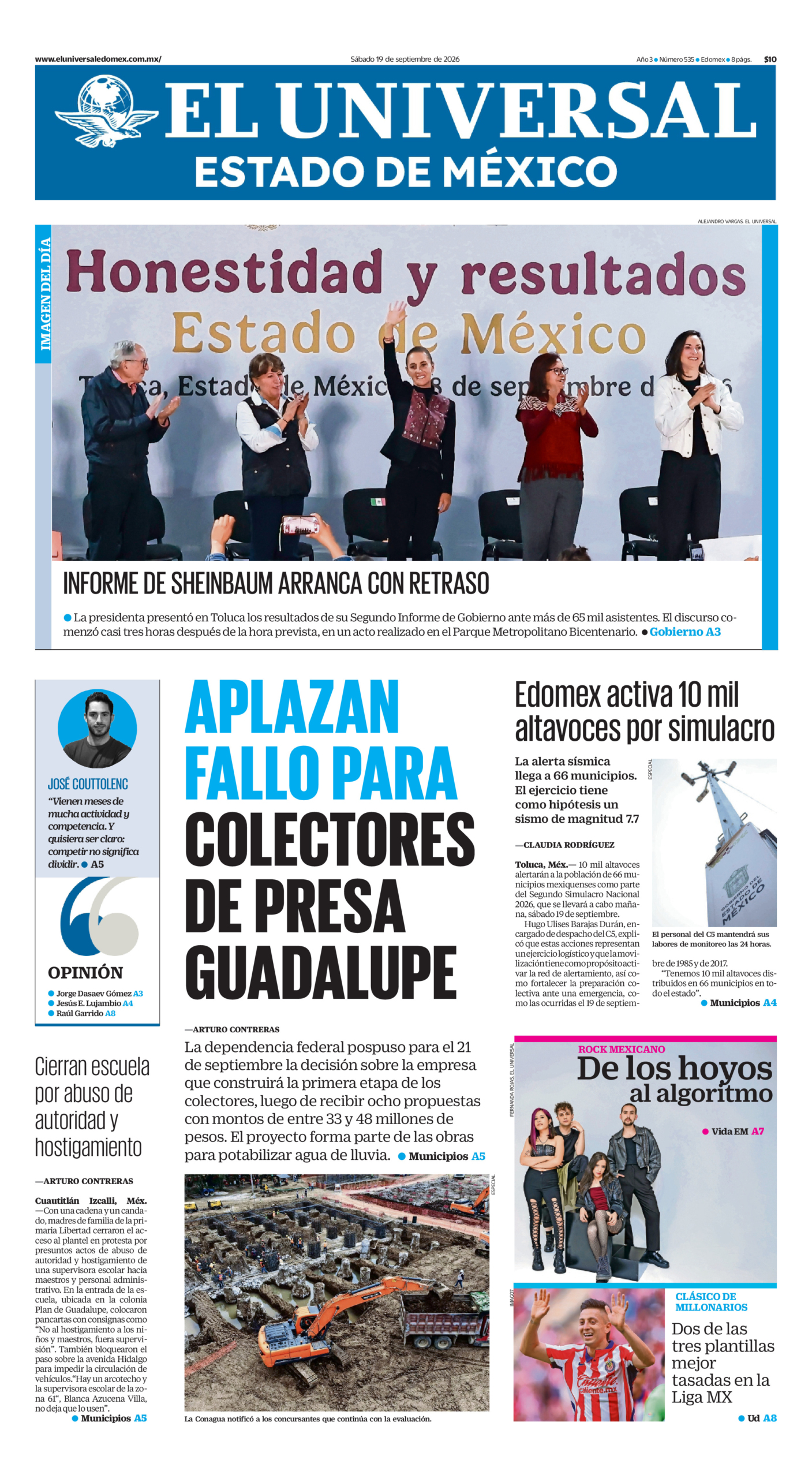 Portada del periódico Estado de México correspondiente al 19 de septiembre de 2026.