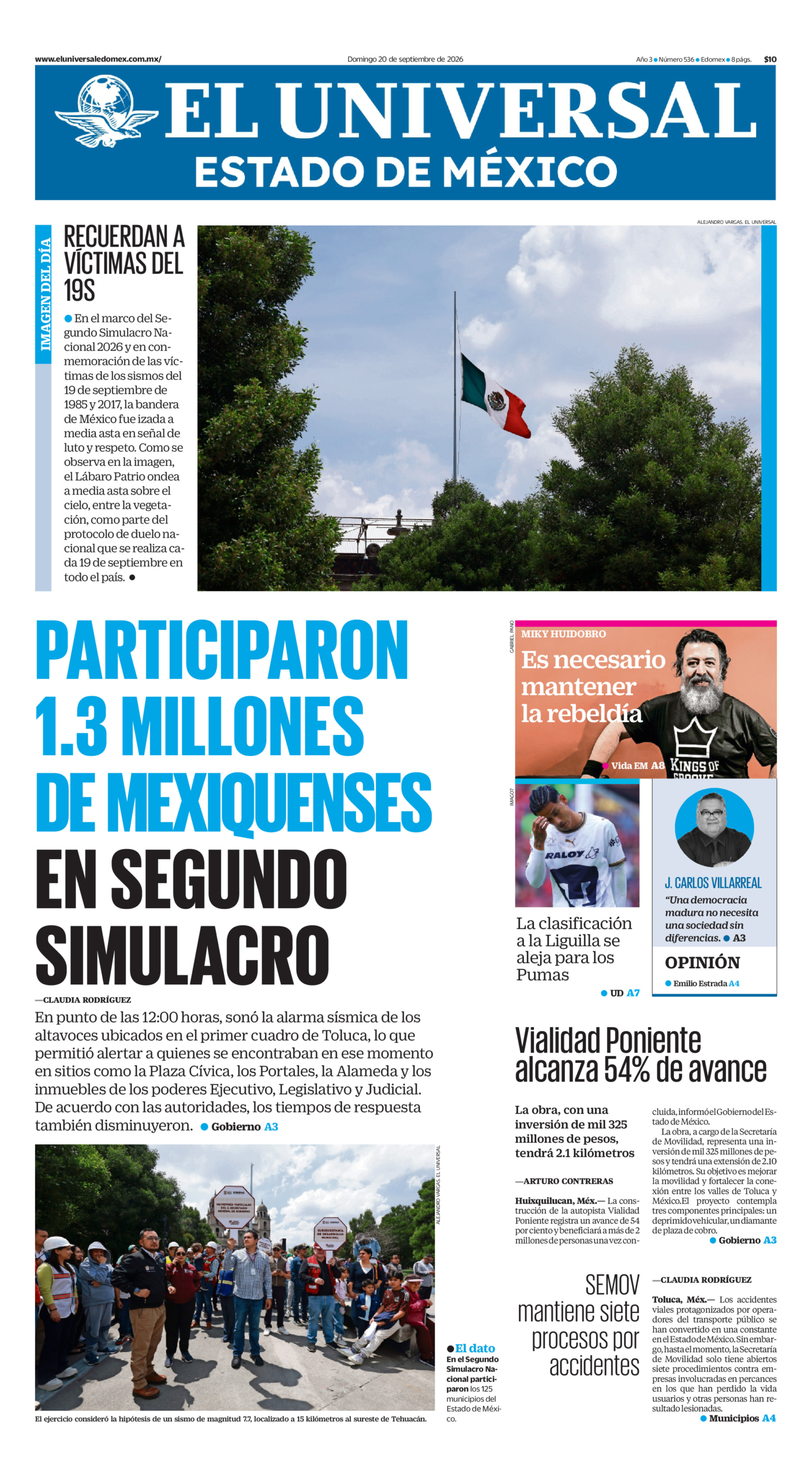 Portada del periódico Estado de México correspondiente al 20 de septiembre de 2026.