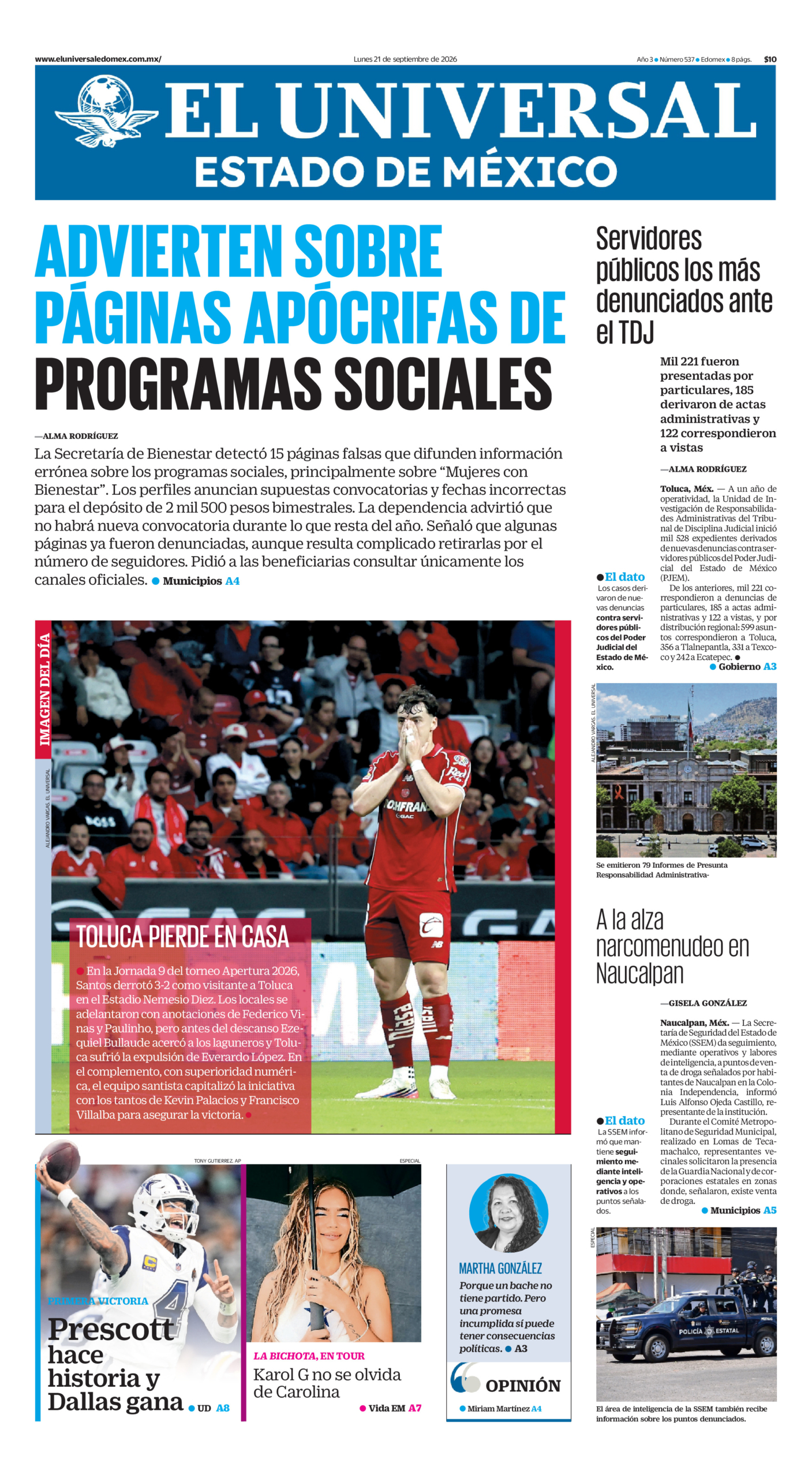 Portada del periódico Estado de México correspondiente al 21 de septiembre de 2026.