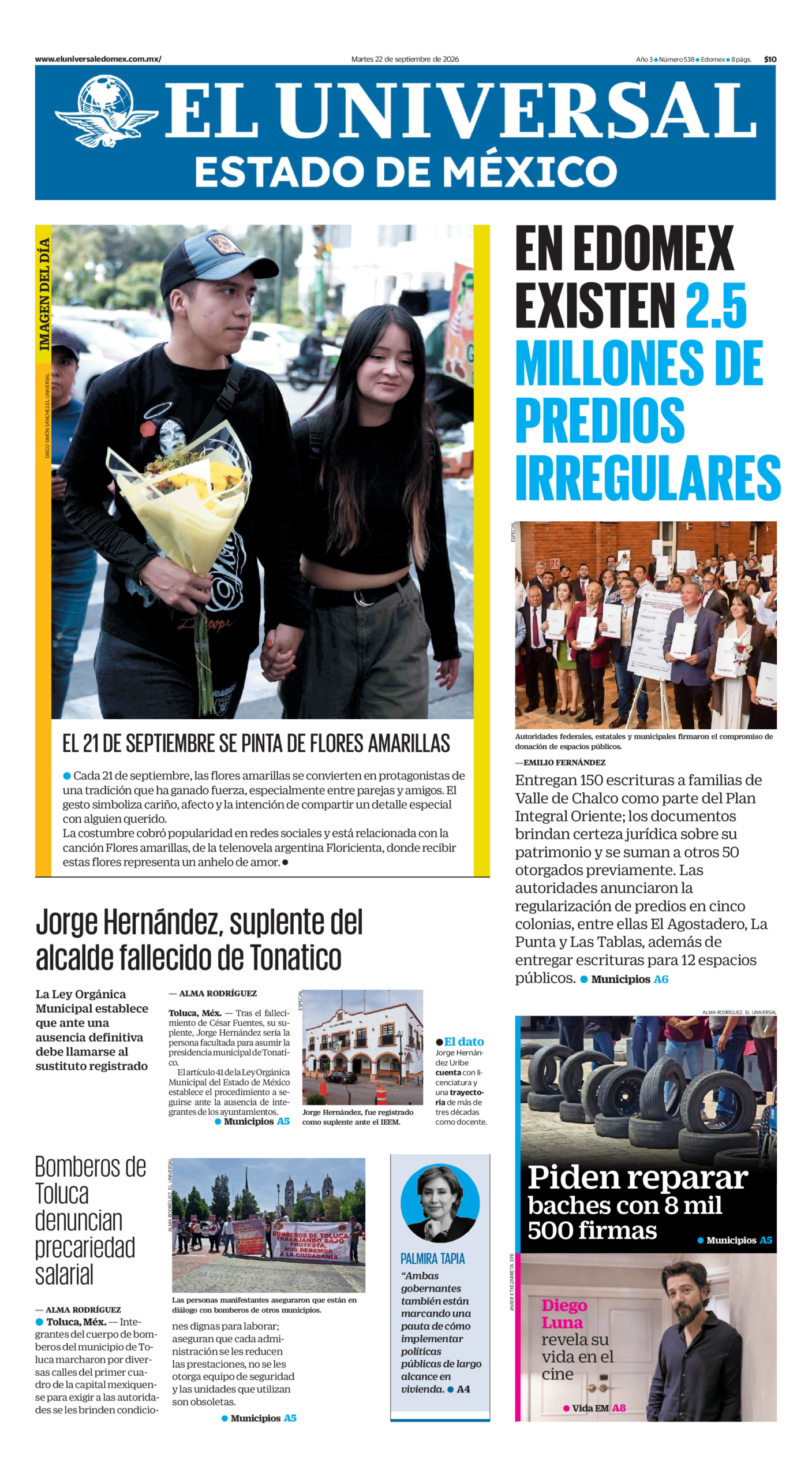 Portada del periódico Estado de México correspondiente al 22 de septiembre de 2026.
