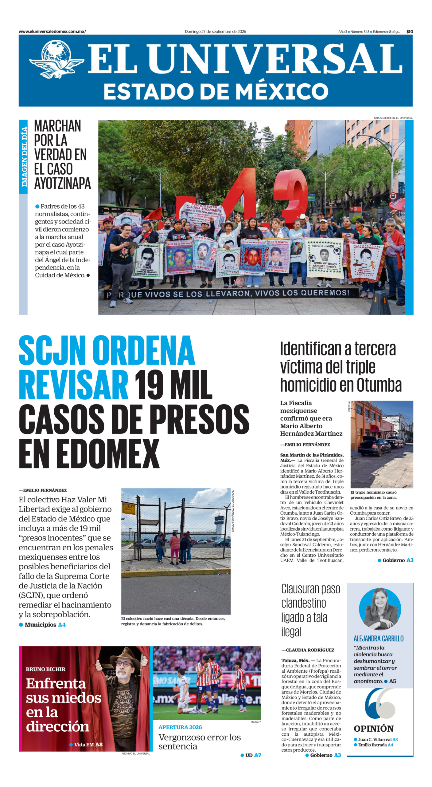 Portada del periódico Estado de México correspondiente al 27 de septiembre de 2026.