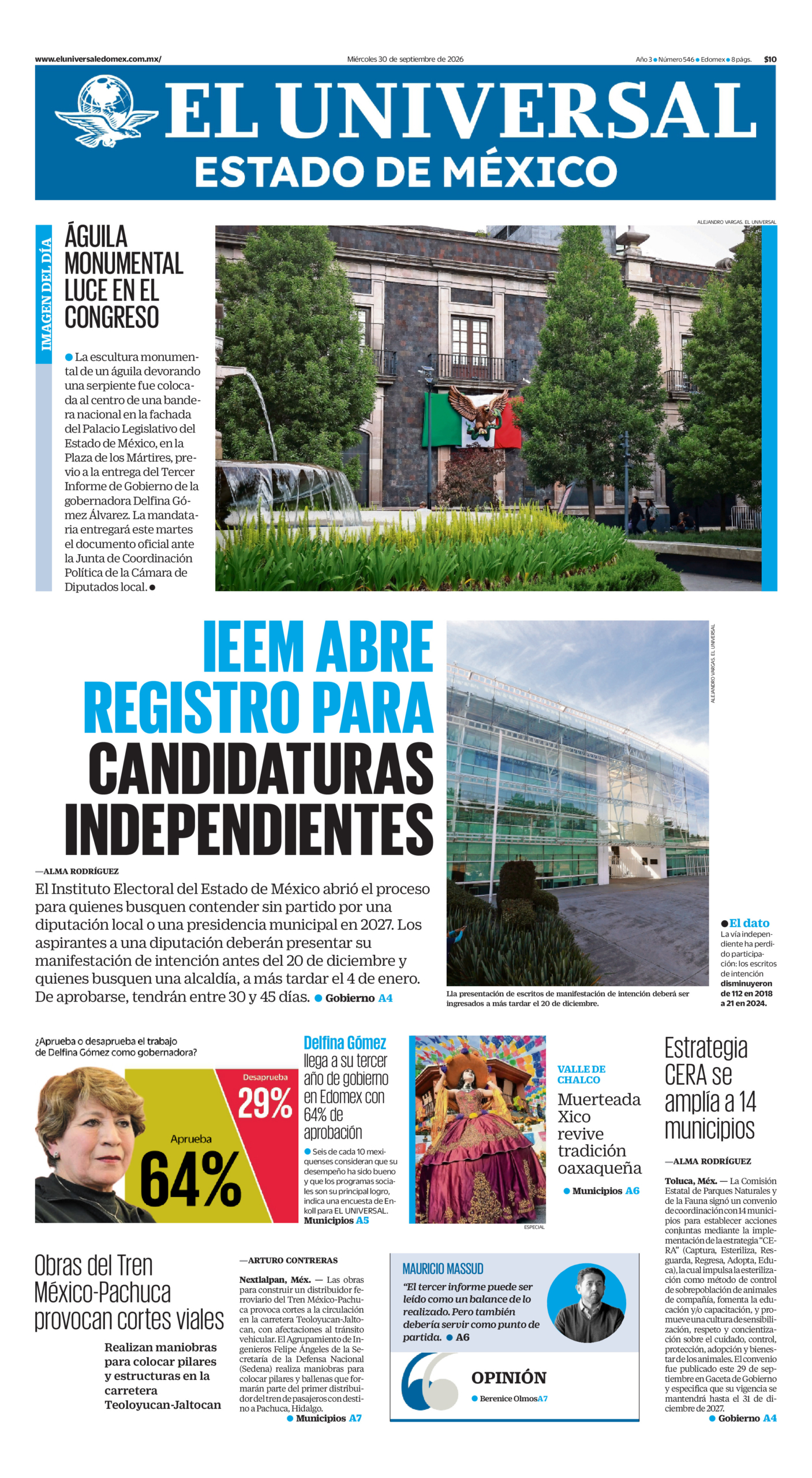 Portada del periódico Estado de México correspondiente al 30 de septiembre de 2026.