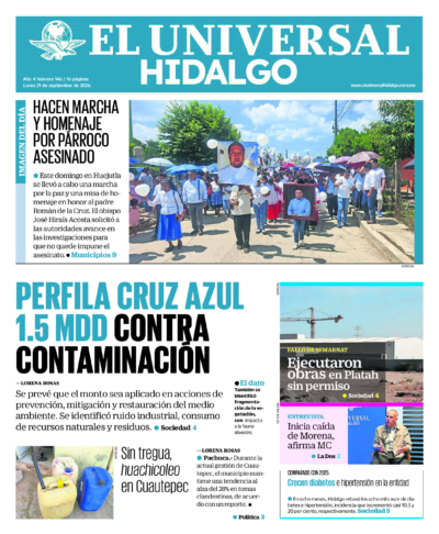 Portada del periódico Hidalgo correspondiente al 21 de septiembre de 2026.