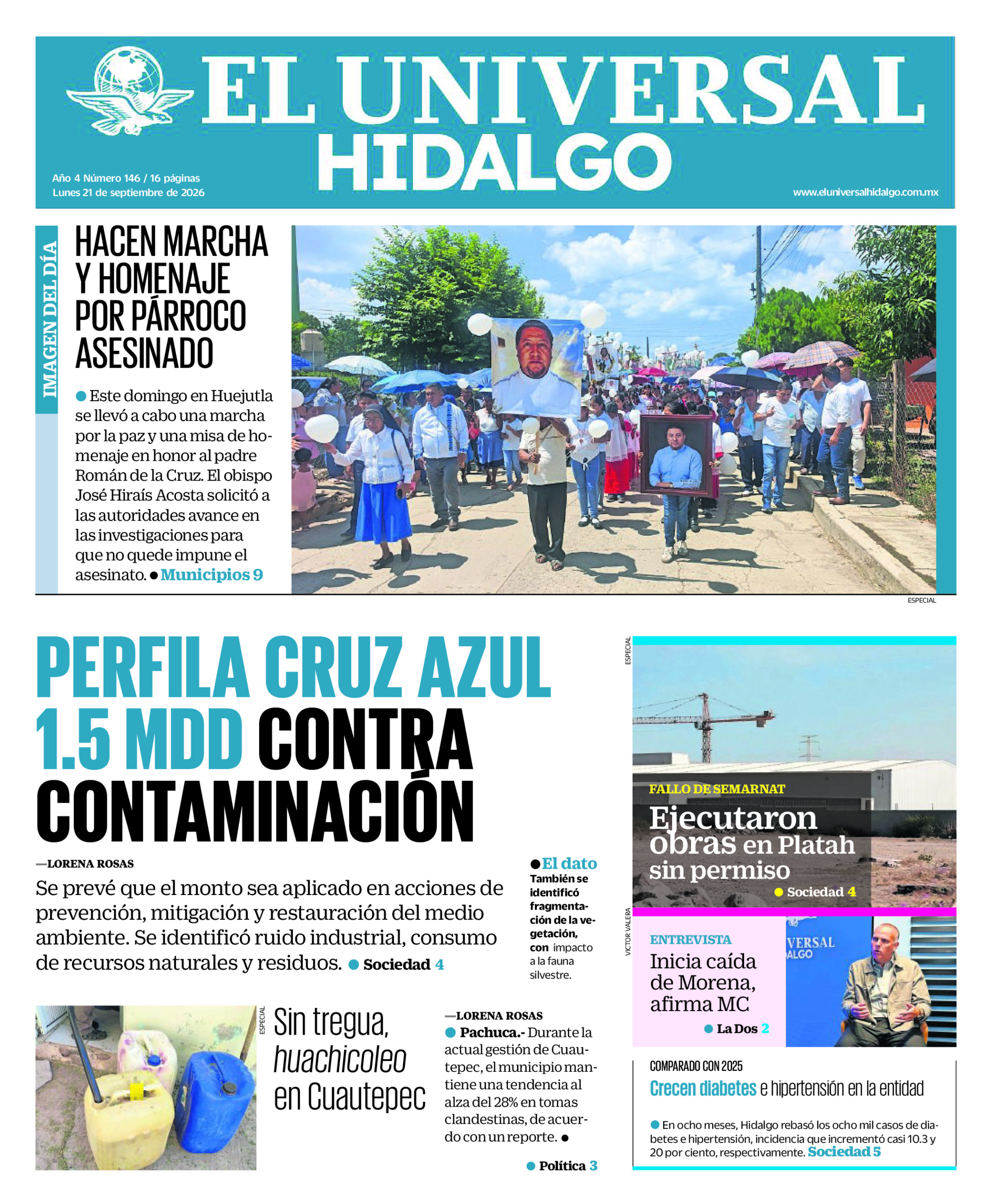 Portada del periódico Hidalgo correspondiente al 21 de septiembre de 2026.