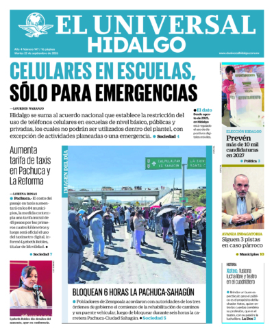 Portada del periódico Hidalgo correspondiente al 22 de septiembre de 2026.