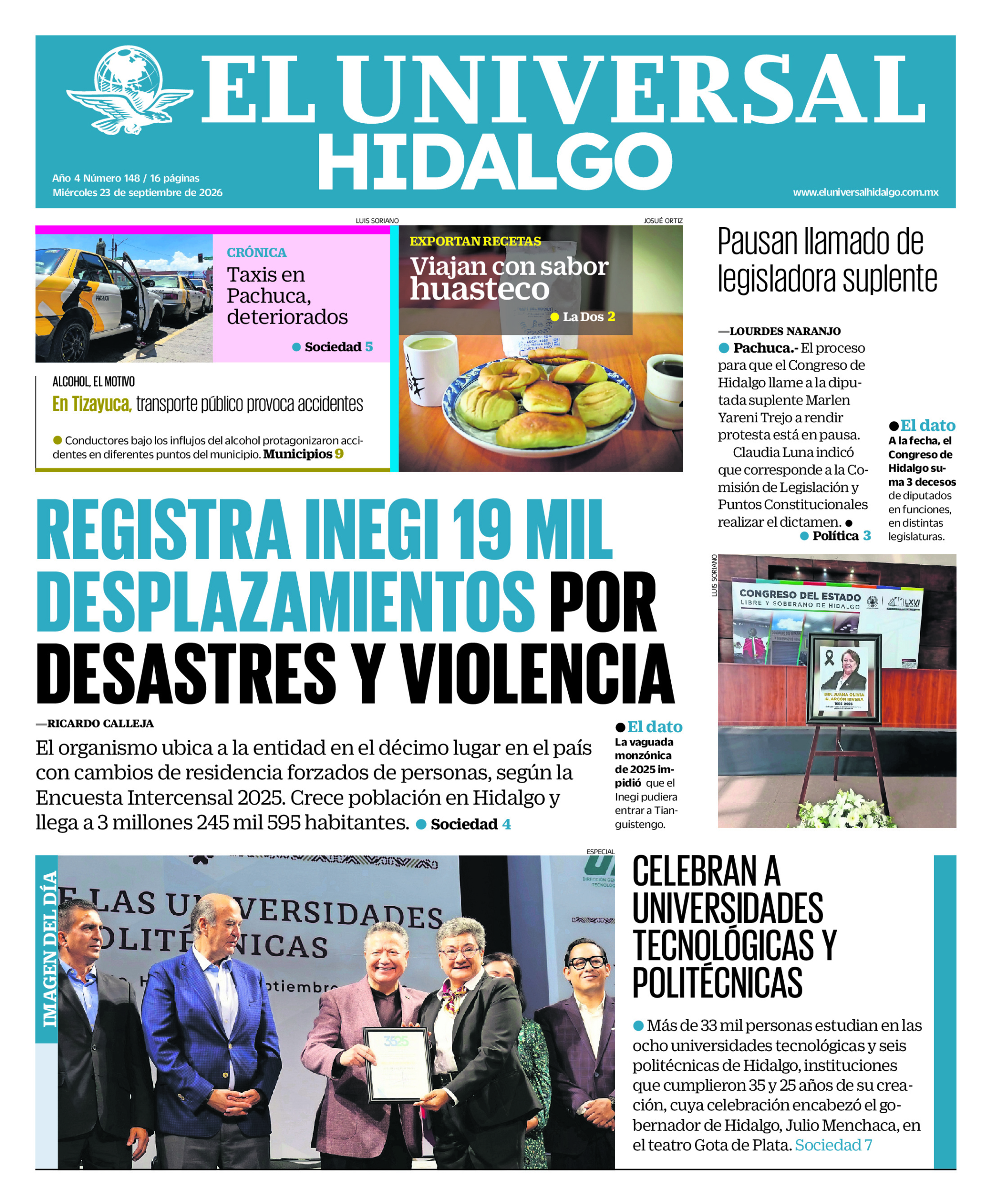 Portada del periódico Hidalgo correspondiente al 23 de septiembre de 2026.