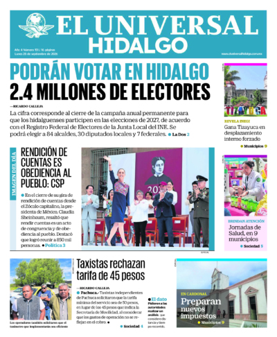Portada del periódico Hidalgo correspondiente al 28 de septiembre de 2026.