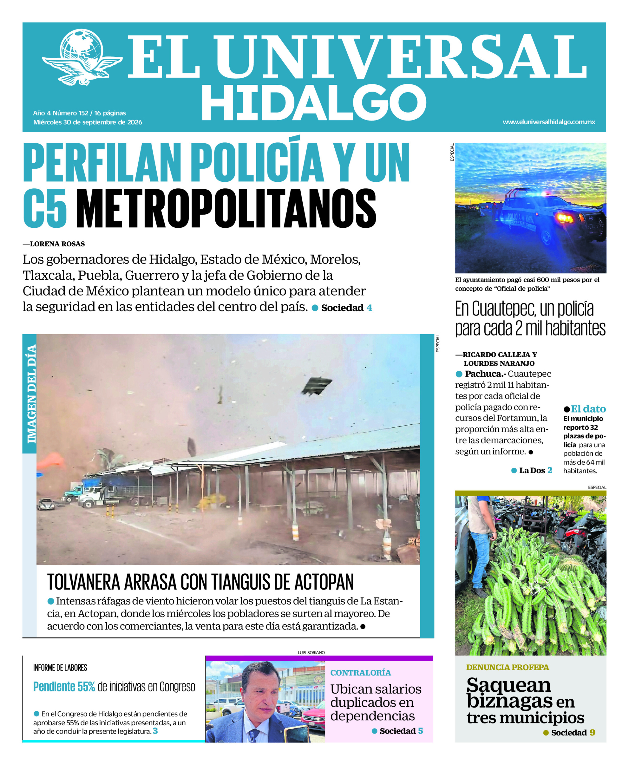 Portada del periódico Hidalgo correspondiente al 30 de septiembre de 2026.