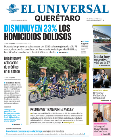 Portada del periódico Querétaro correspondiente al 21 de septiembre de 2026.