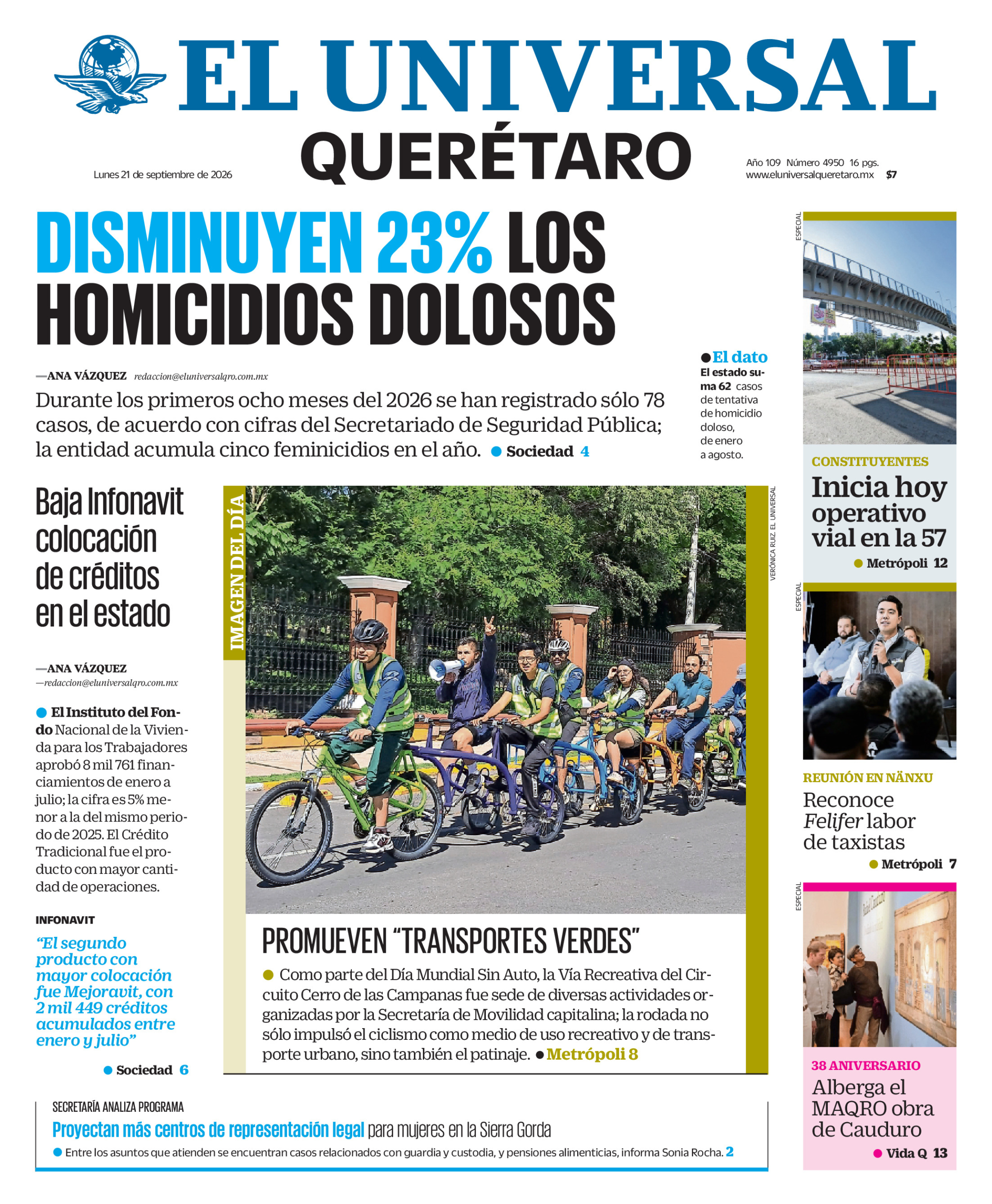 Portada del periódico Querétaro correspondiente al 21 de septiembre de 2026.