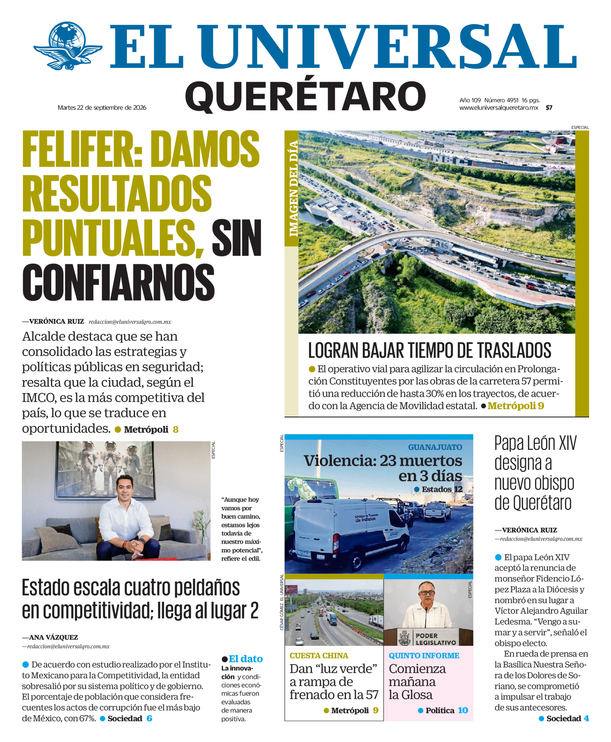 Portada del periódico Querétaro correspondiente al 22 de septiembre de 2026.