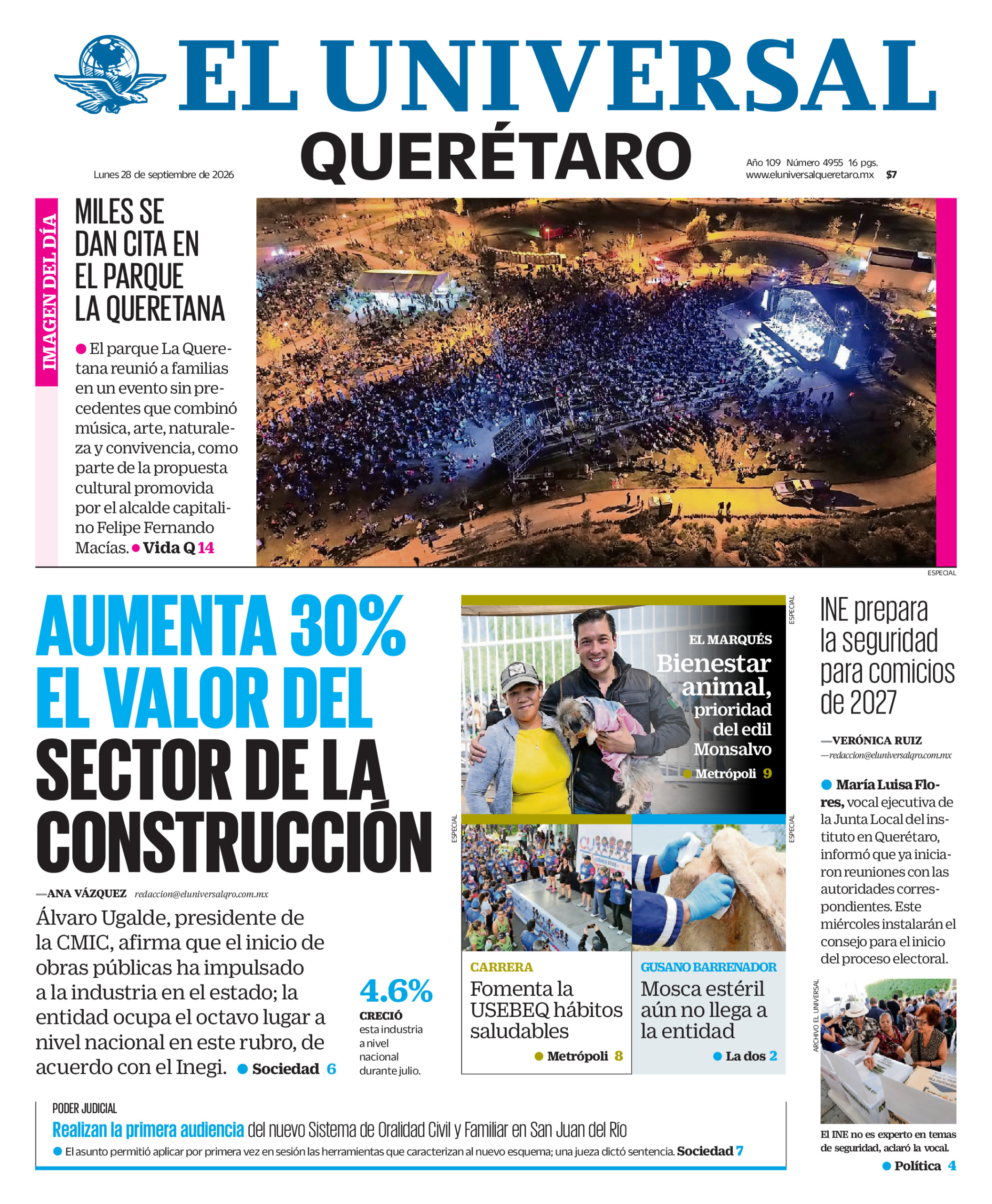 Portada del periódico Querétaro correspondiente al 28 de septiembre de 2026.