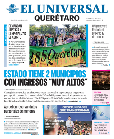 Portada del periódico Querétaro correspondiente al 29 de septiembre de 2026.