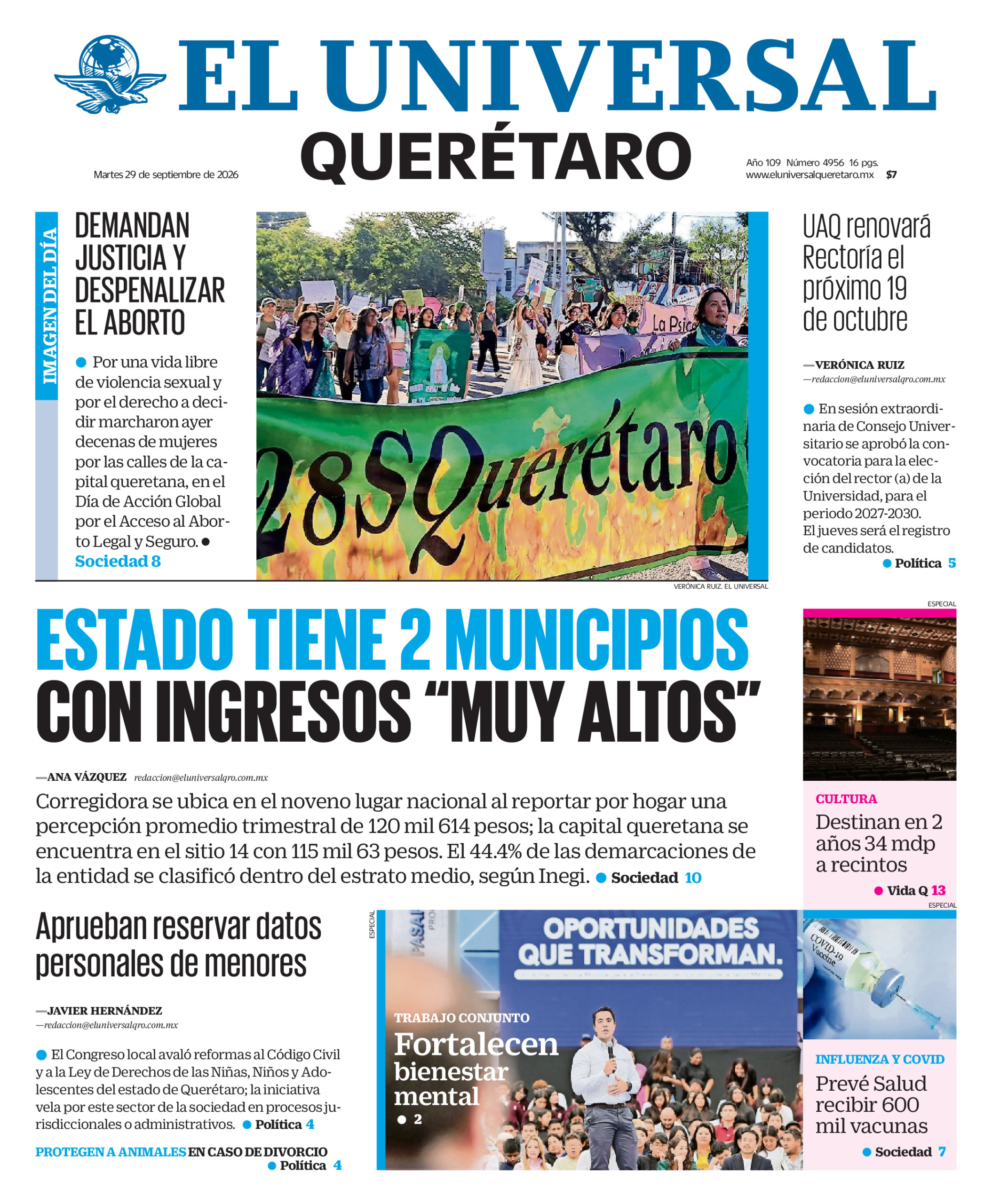 Portada del periódico Querétaro correspondiente al 29 de septiembre de 2026.