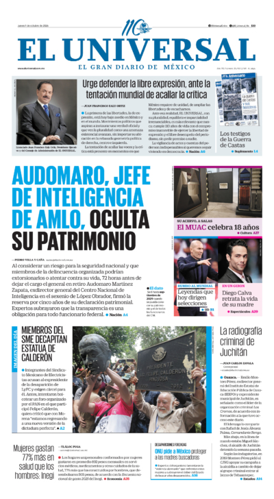 Portada del periódico El Universal correspondiente al 1 de octubre de 2026.