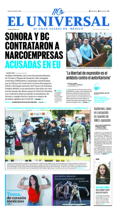 Portada del periódico El Universal correspondiente al 2 de octubre de 2026.
