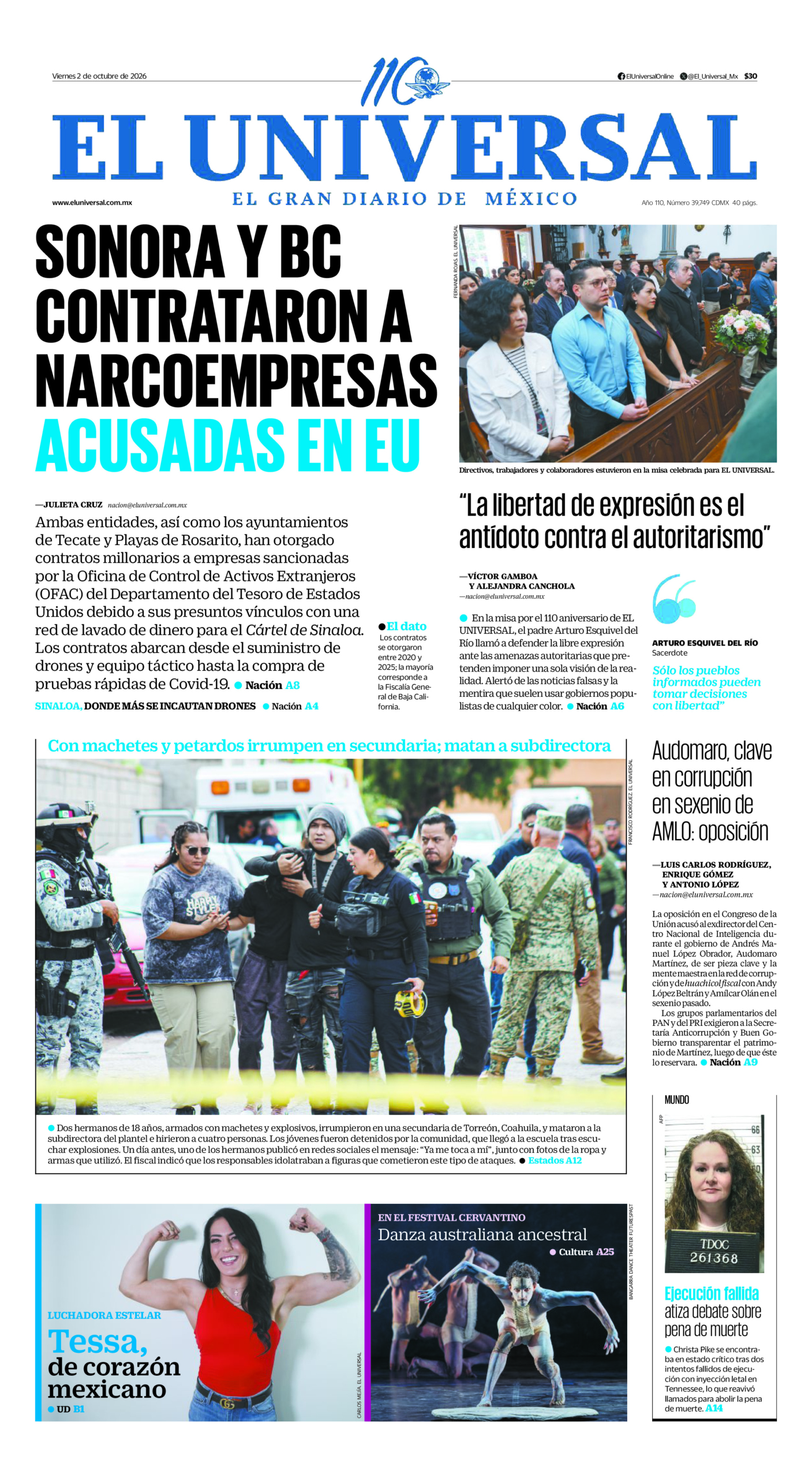Portada del periódico El Universal correspondiente al 2 de octubre de 2026.