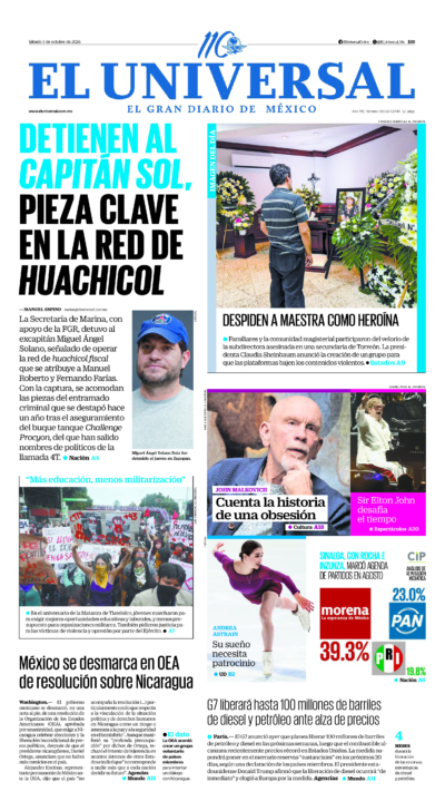 Portada del periódico El Universal correspondiente al 3 de octubre de 2026.