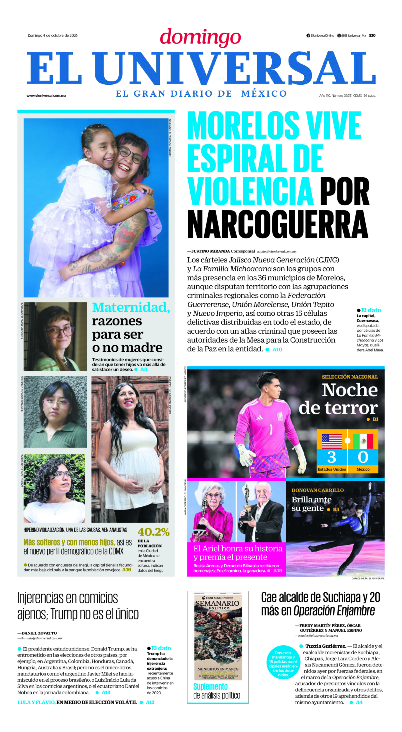 Portada del periódico El Universal correspondiente al 4 de octubre de 2026.