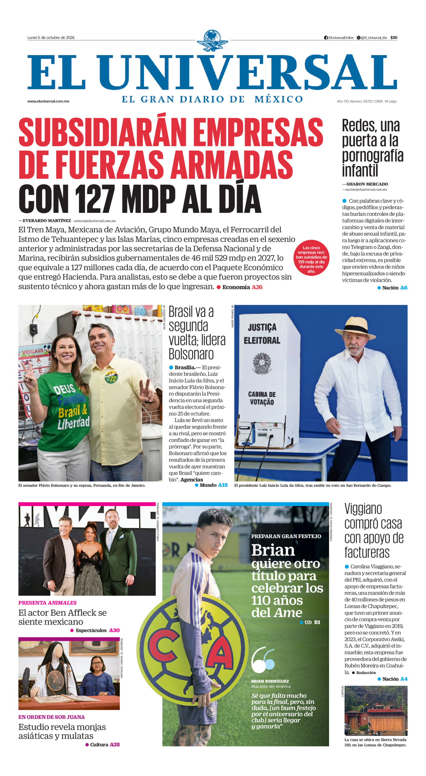 Portada del periódico El Universal correspondiente al 5 de octubre de 2026.