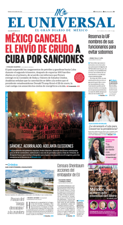 Portada del periódico El Universal correspondiente al 6 de octubre de 2026.