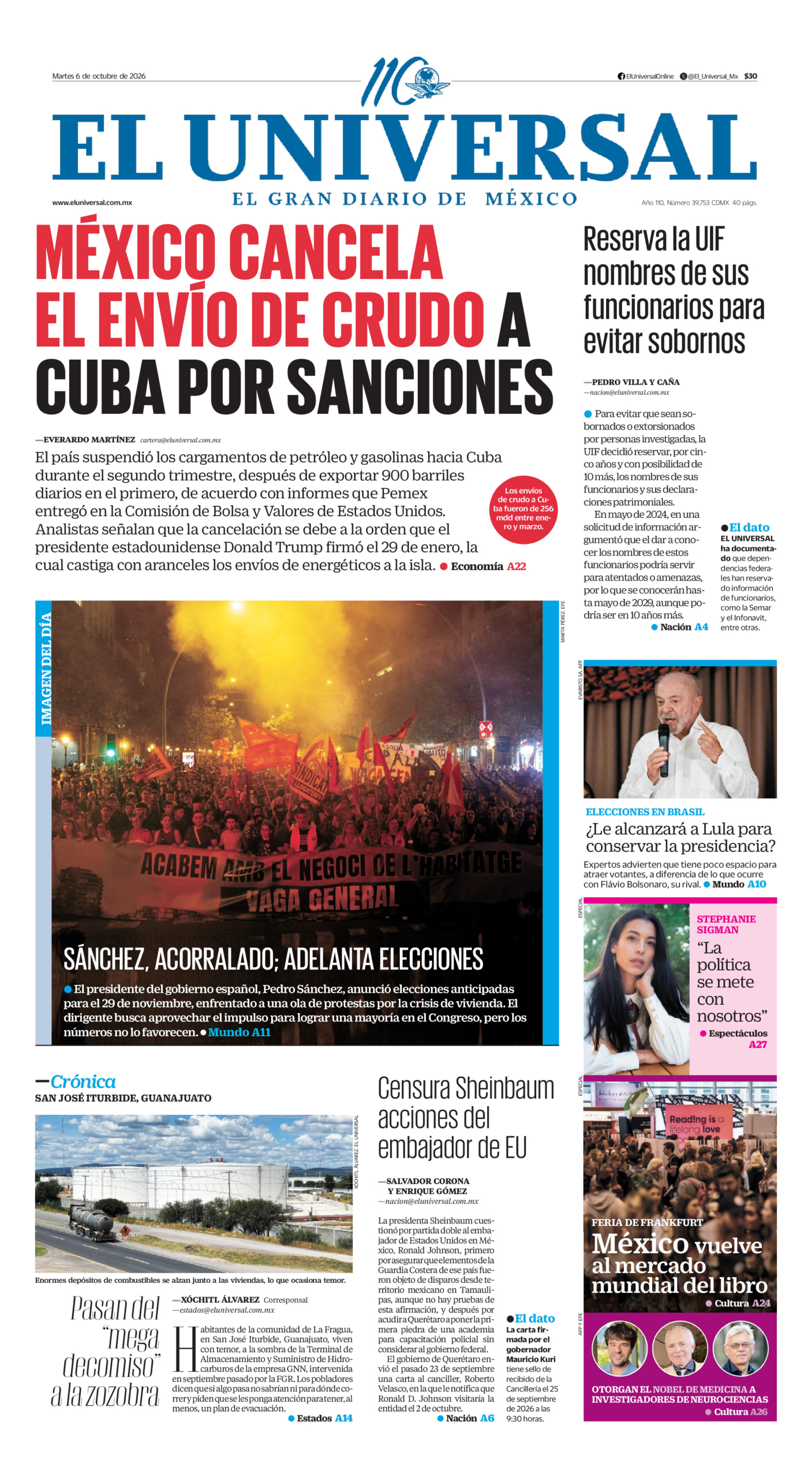 Portada del periódico El Universal correspondiente al 6 de octubre de 2026.