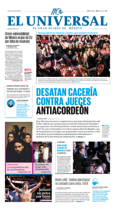 Portada del periódico El Universal correspondiente al 8 de octubre de 2026.