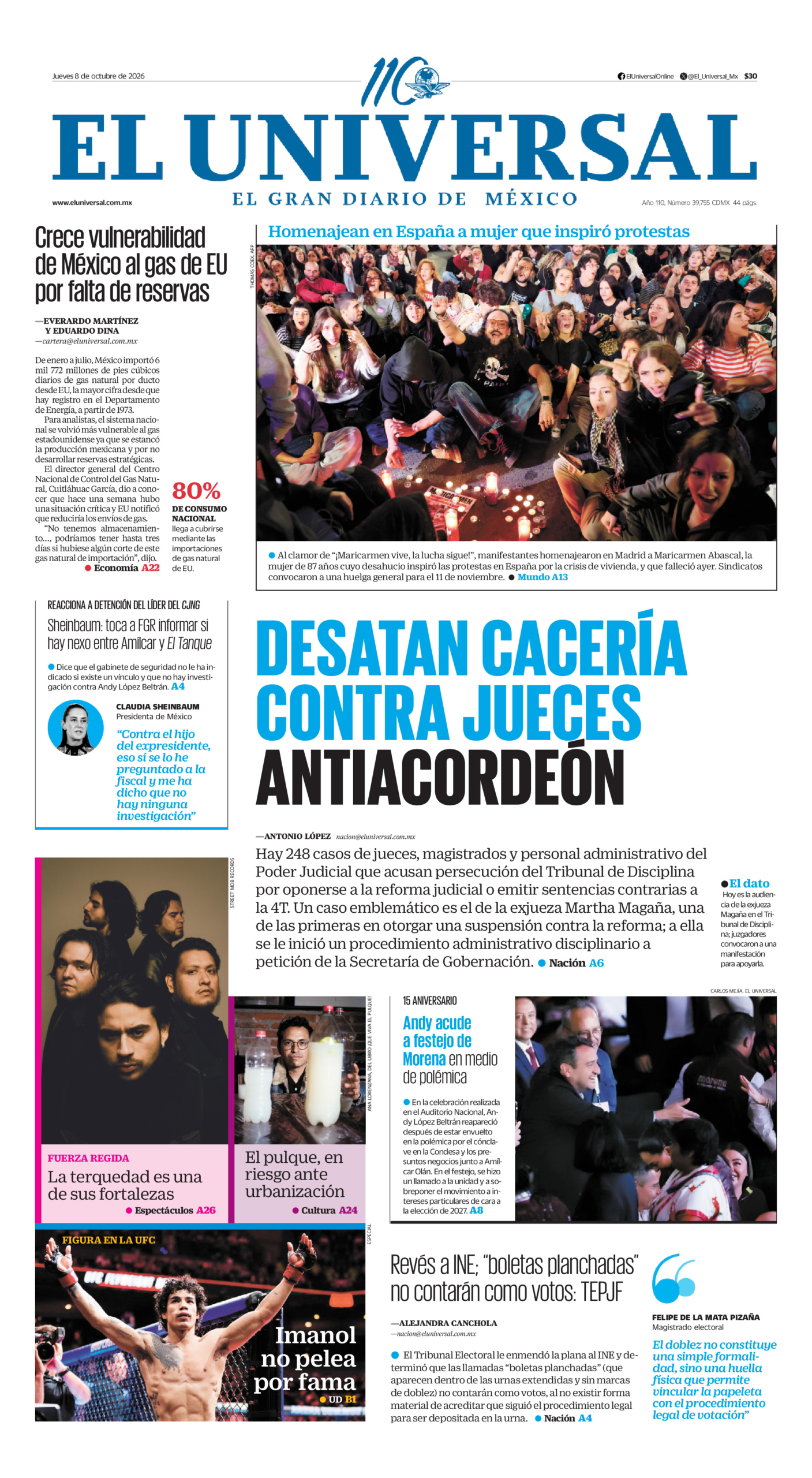 Portada del periódico El Universal correspondiente al 8 de octubre de 2026.