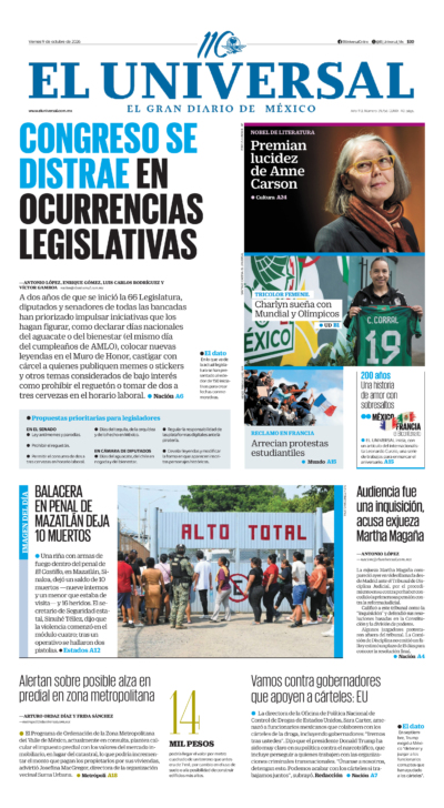 Portada del periódico El Universal correspondiente al 9 de octubre de 2026.