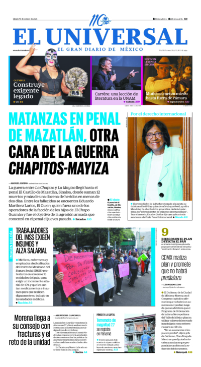 Portada del periódico El Universal correspondiente al 10 de octubre de 2026.