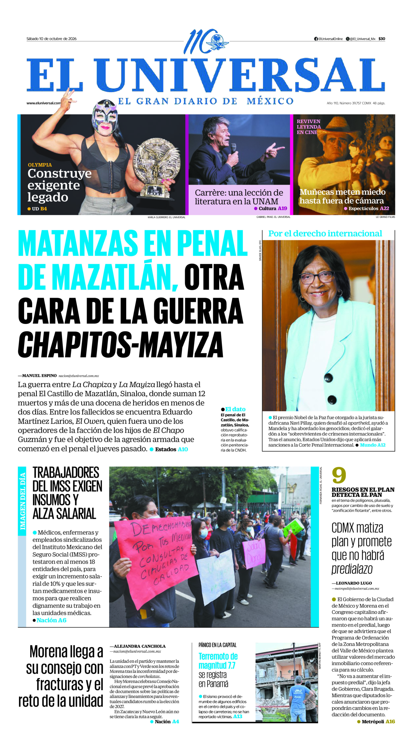Portada del periódico El Universal correspondiente al 10 de octubre de 2026.