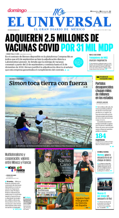 Portada del periódico El Universal correspondiente al 11 de octubre de 2026.