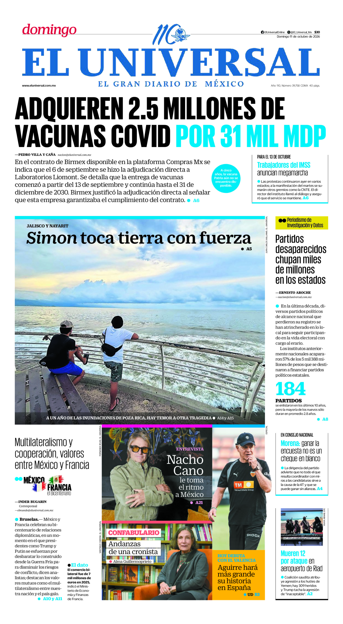 Portada del periódico El Universal correspondiente al 11 de octubre de 2026.