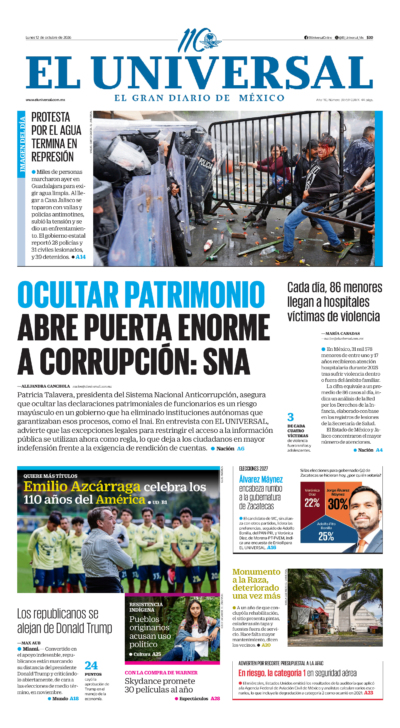 Portada del periódico El Universal correspondiente al 12 de octubre de 2026.