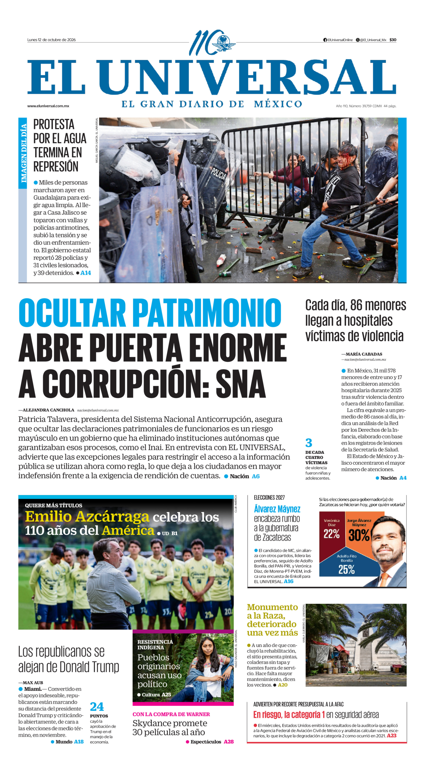 Portada del periódico El Universal correspondiente al 12 de octubre de 2026.