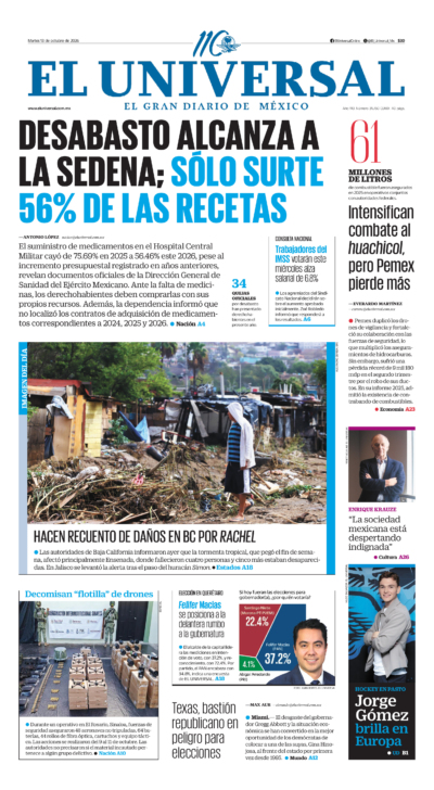 Portada del periódico El Universal correspondiente al 13 de octubre de 2026.